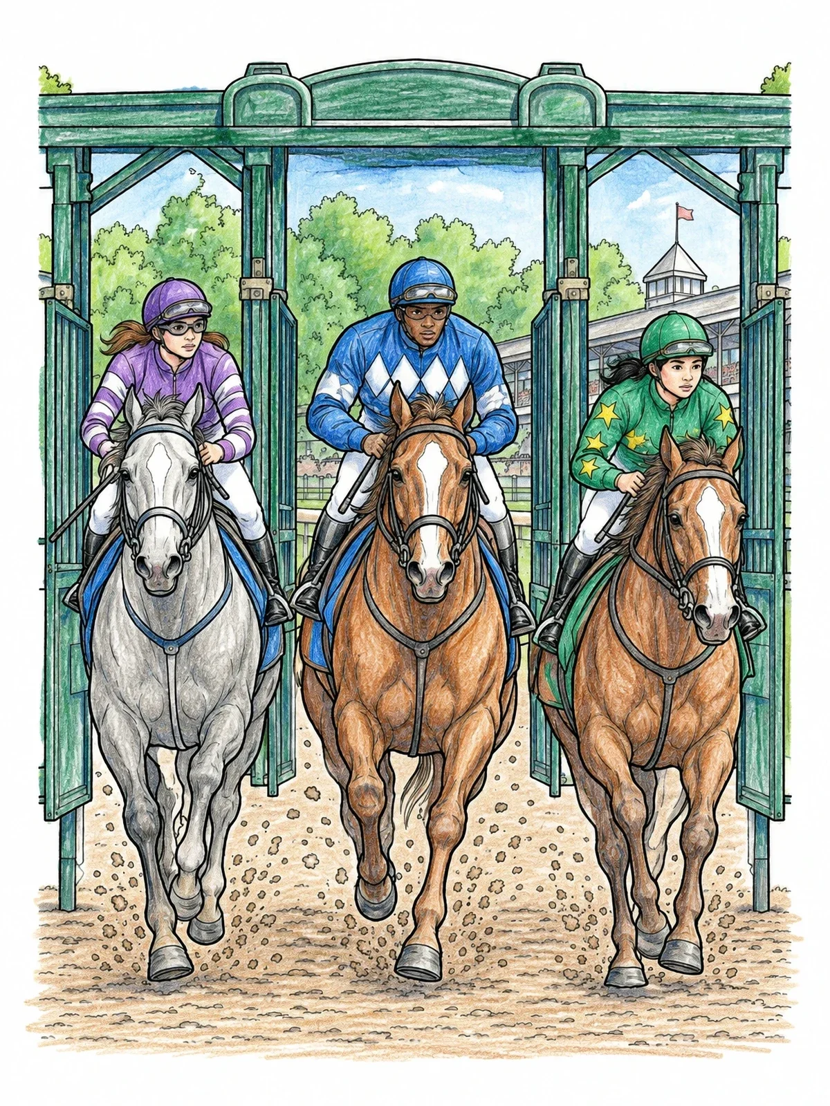 Colored example of the Racehorses Bursting From Starting Gates coloring page