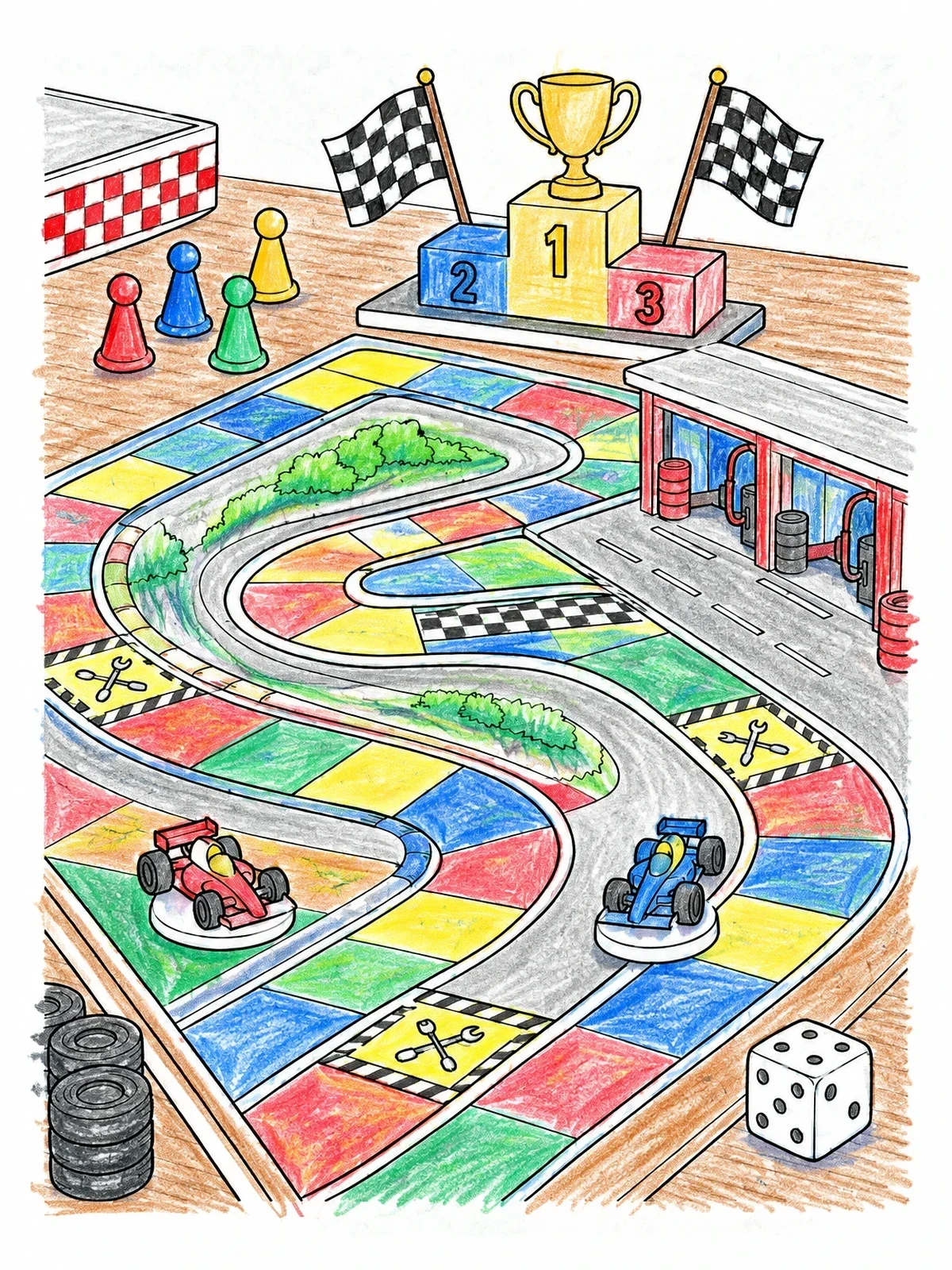 Colored example of the Racing Circuit Board Game coloring page