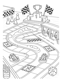 A detailed board games coloring page showing race cars, a winding track, pit stop, and podium.