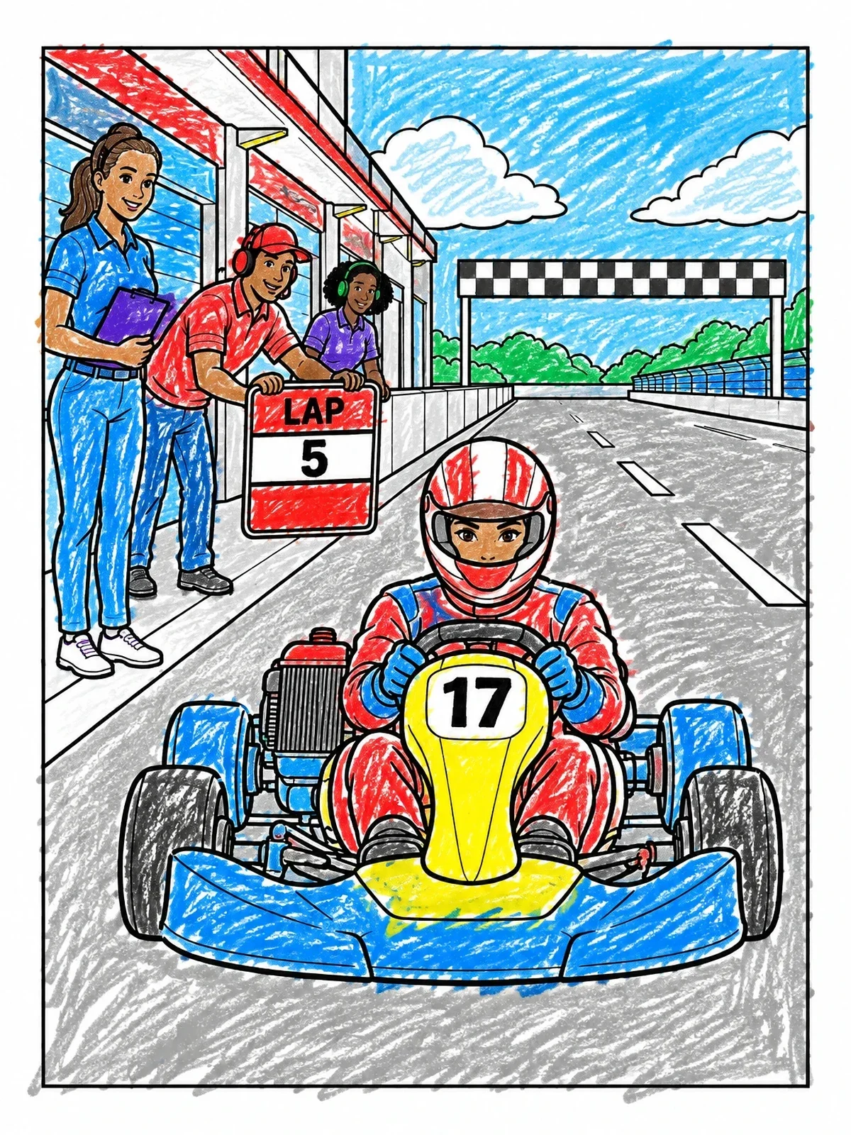 Colored example of the Racing Go Kart By The Pit Lane coloring page