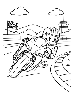 A fun motorcycle coloring page featuring a cute racer leaning into a curved corner on a track.