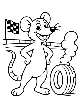 A cheerful rat stands by a smoking tire in this rat coloring page.
