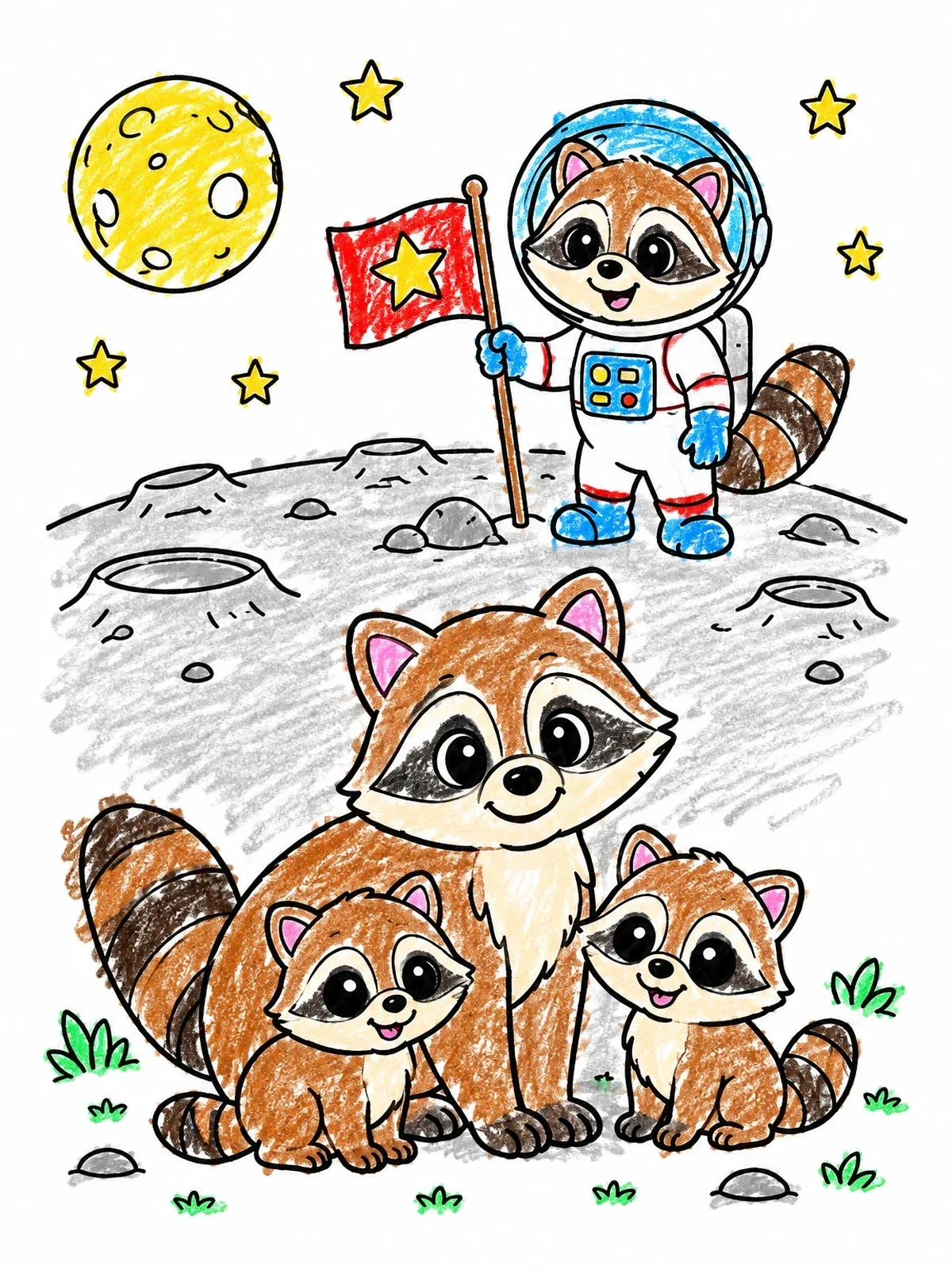 Colored example of the Astronaut Raccoon And Raccoon Family coloring page