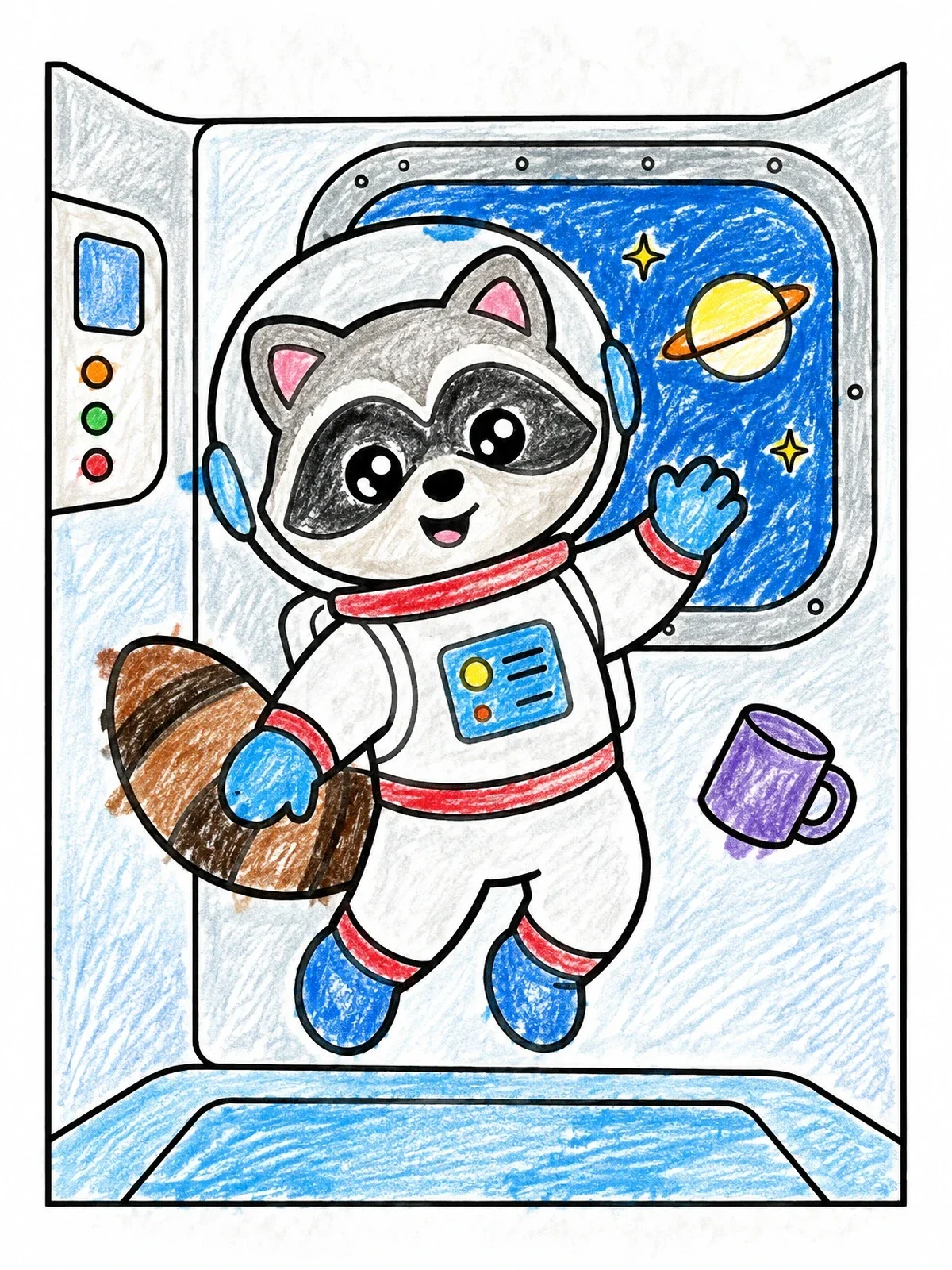 Colored example of the Astronaut Raccoon Floating In Space coloring page