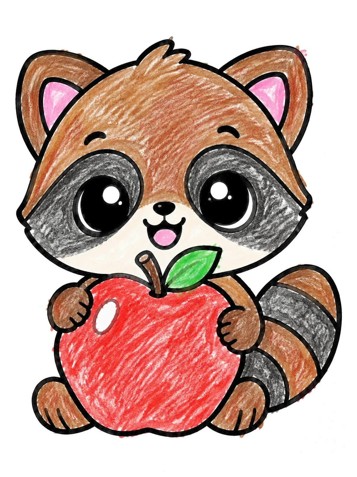 Colored example of the Cute Baby Raccoon With Big Apple coloring page