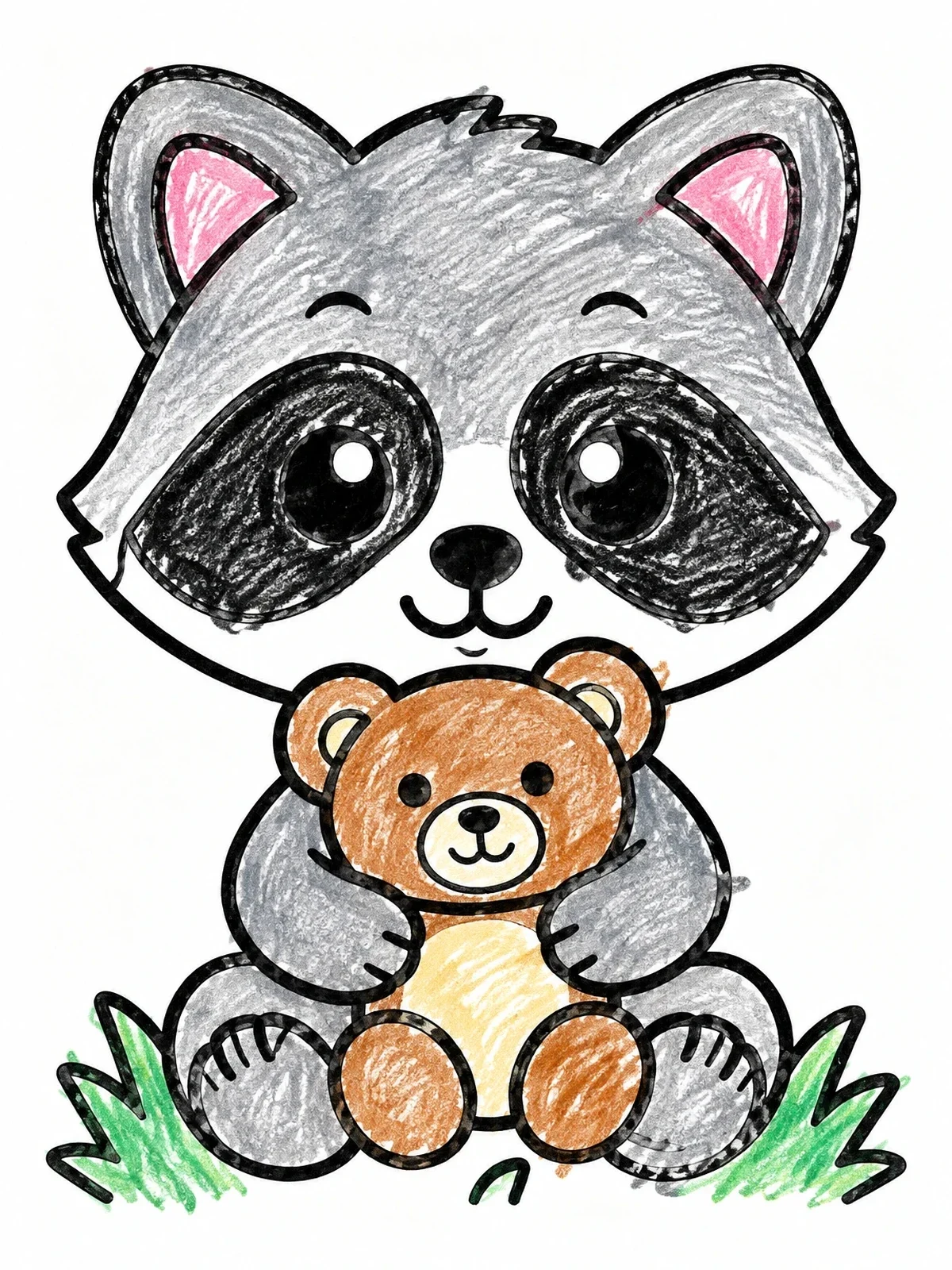 Colored example of the Cute Baby Raccoon With Teddy Bear coloring page