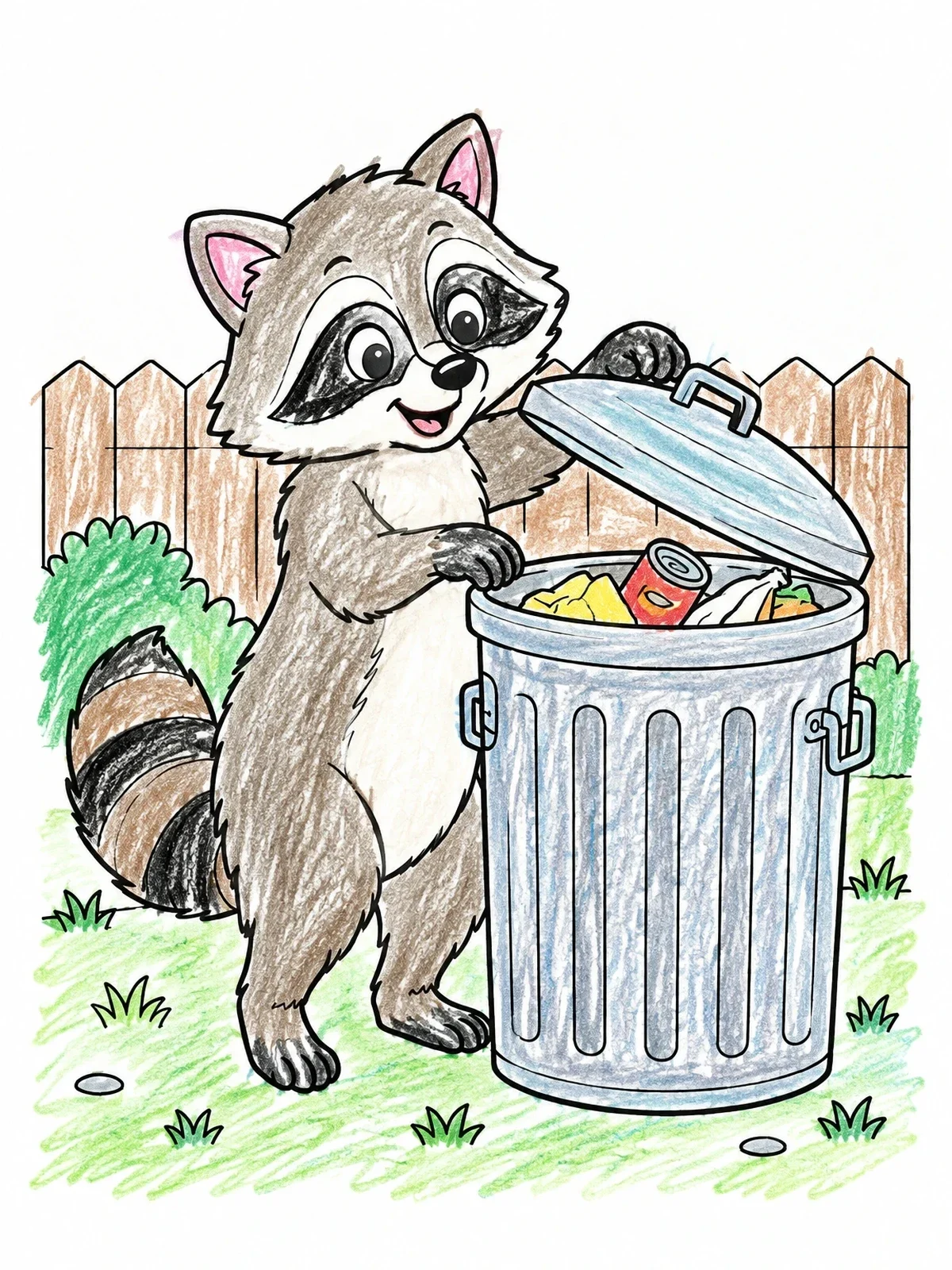 Colored example of the Curious Raccoon Opening A Backyard Trash Can coloring page