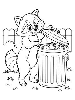 Free printable Curious Raccoon Opening A Backyard Trash Can coloring page