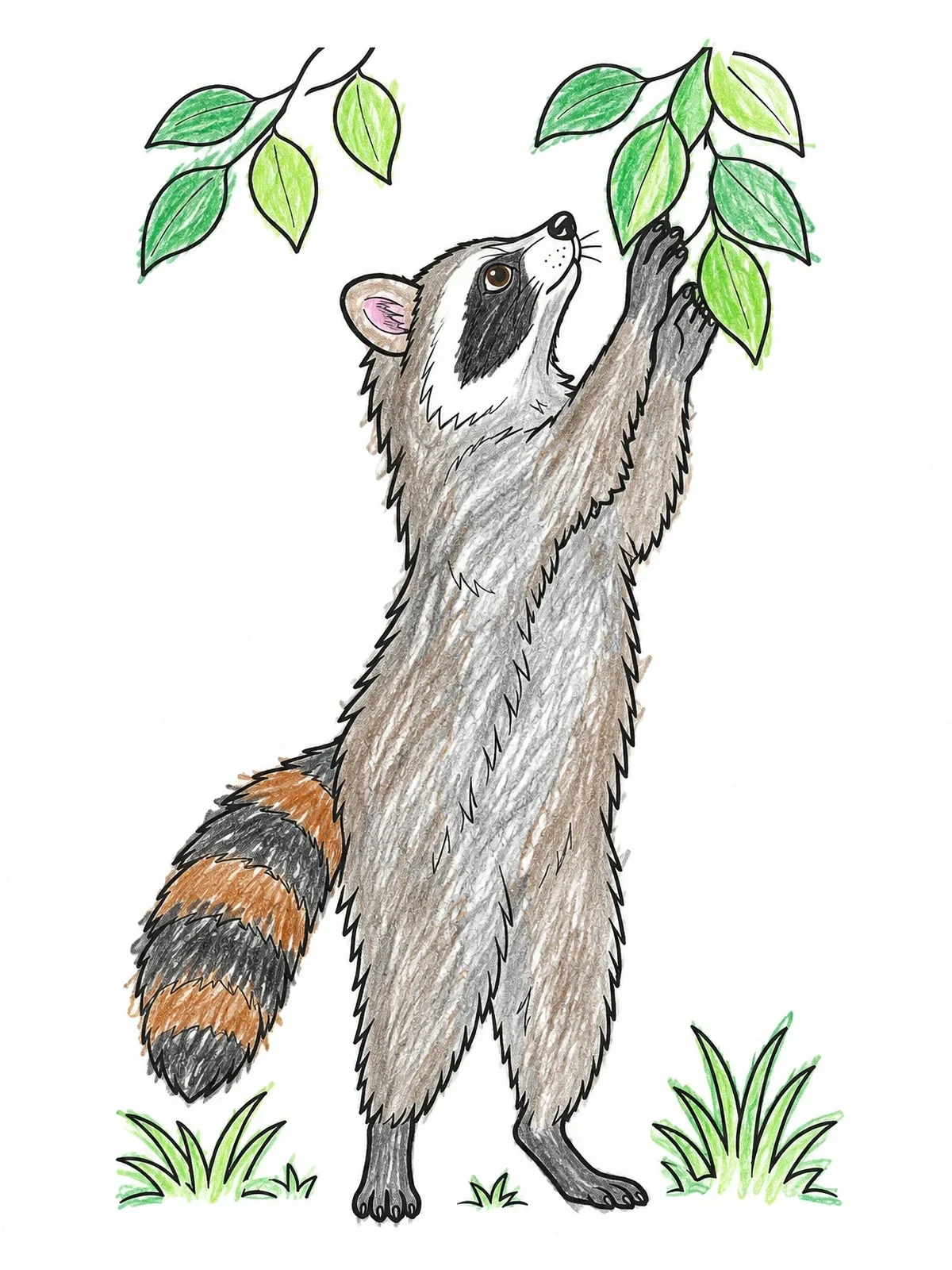 Colored example of the Curious Raccoon Reaching For Leaves coloring page