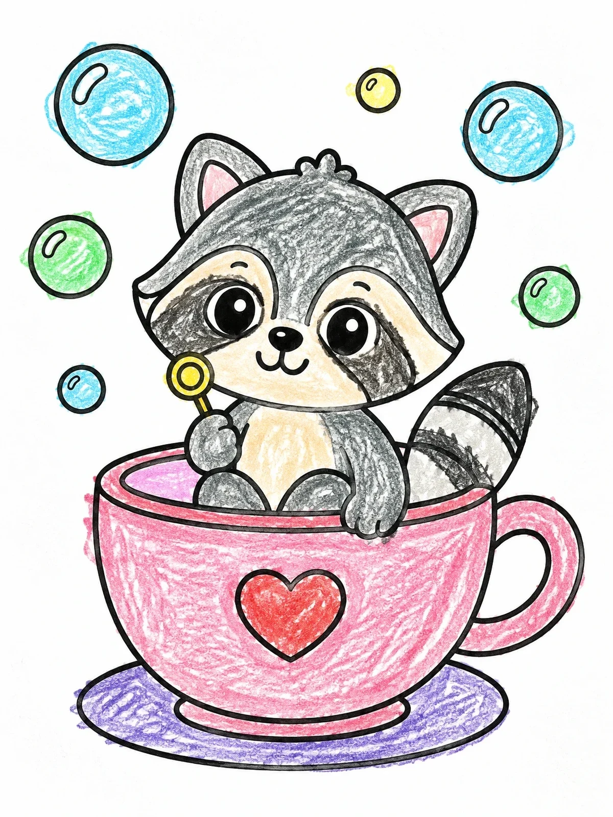 Colored example of the Cute Baby Raccoon In A Teacup coloring page