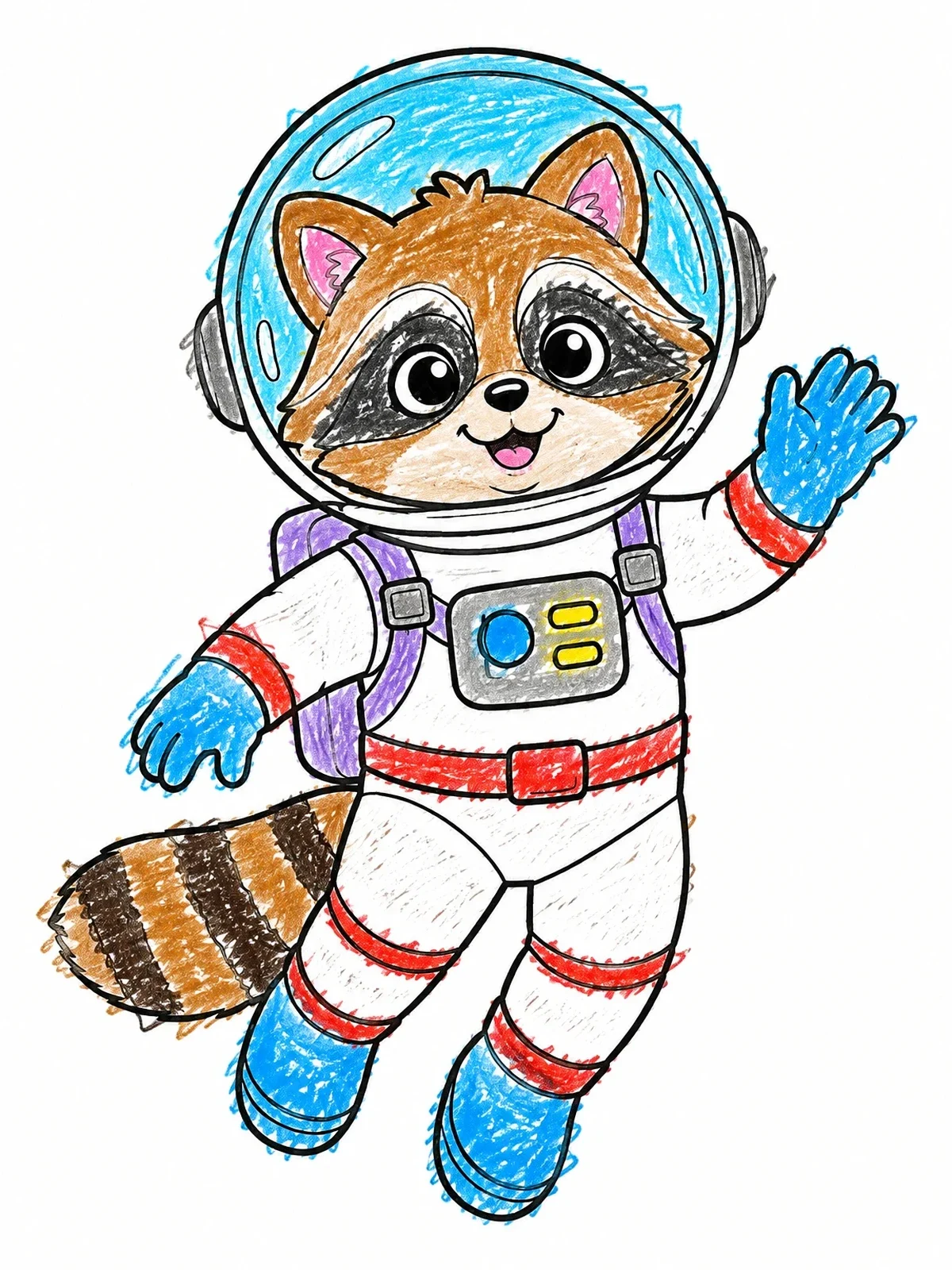 Colored example of the Cute Raccoon Floating In Space coloring page