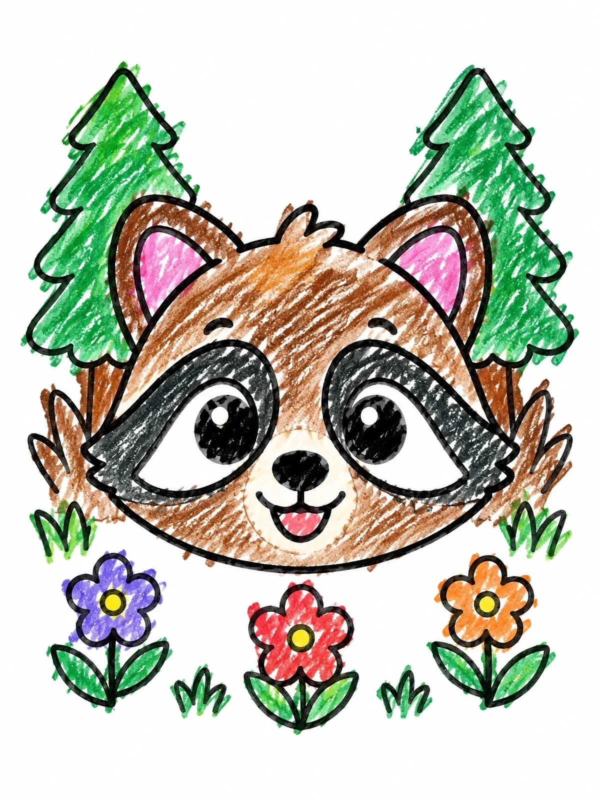 Colored example of the Cute Raccoon Face In The Woods coloring page