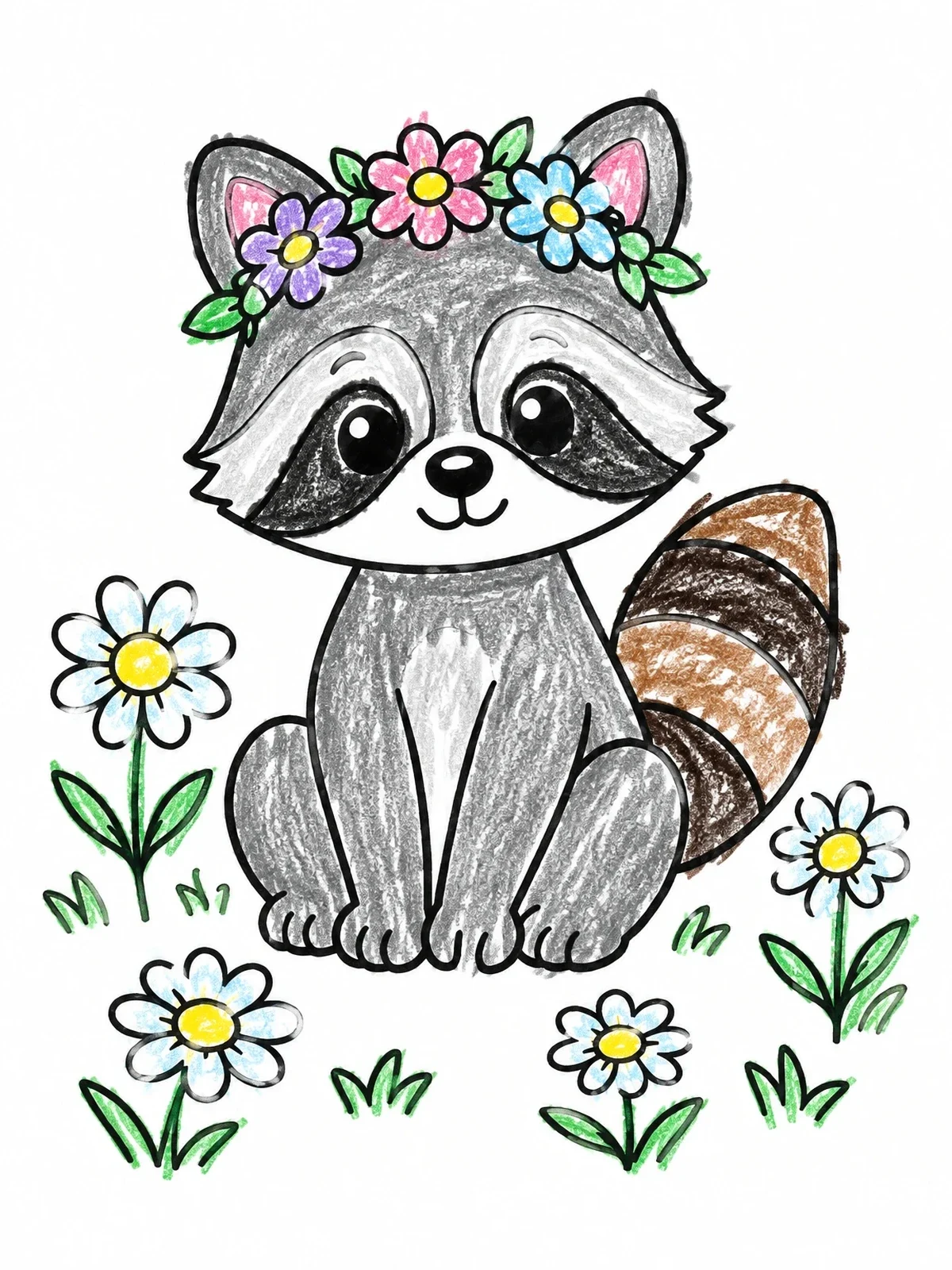 Colored example of the Cute Raccoon With Flower Crown coloring page