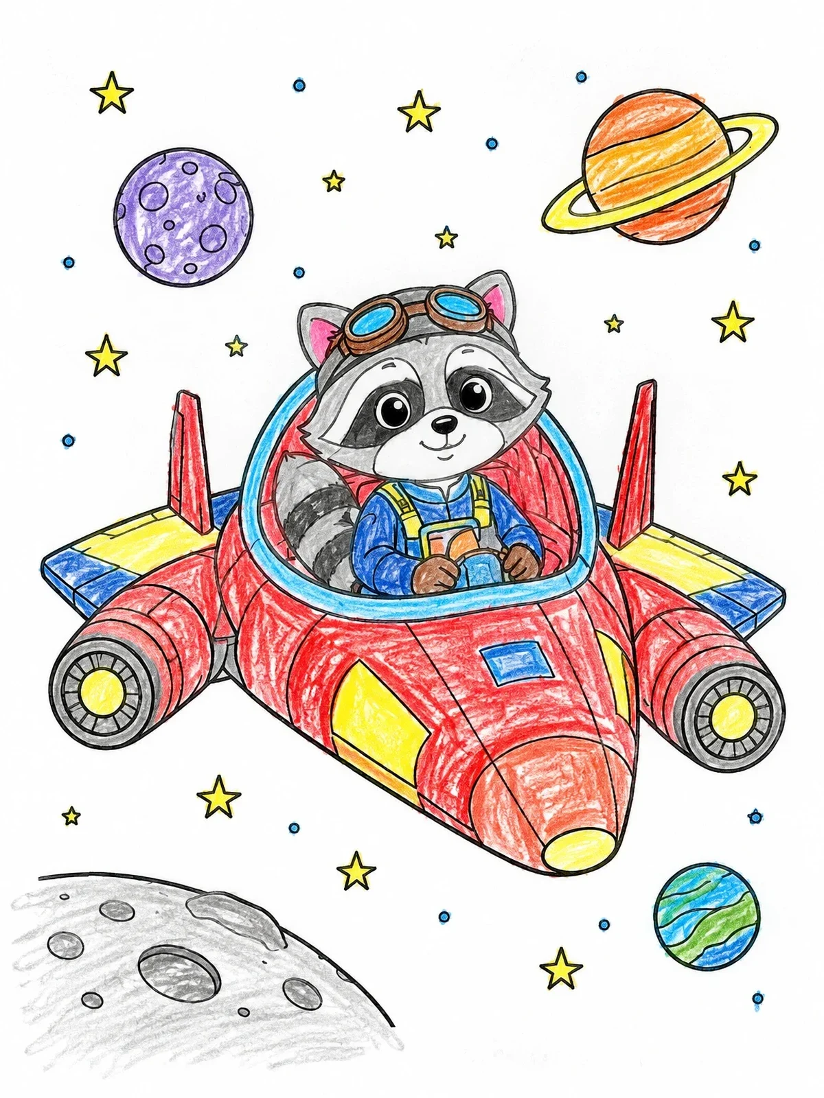Colored example of the Cute Raccoon Flying A Spaceship coloring page