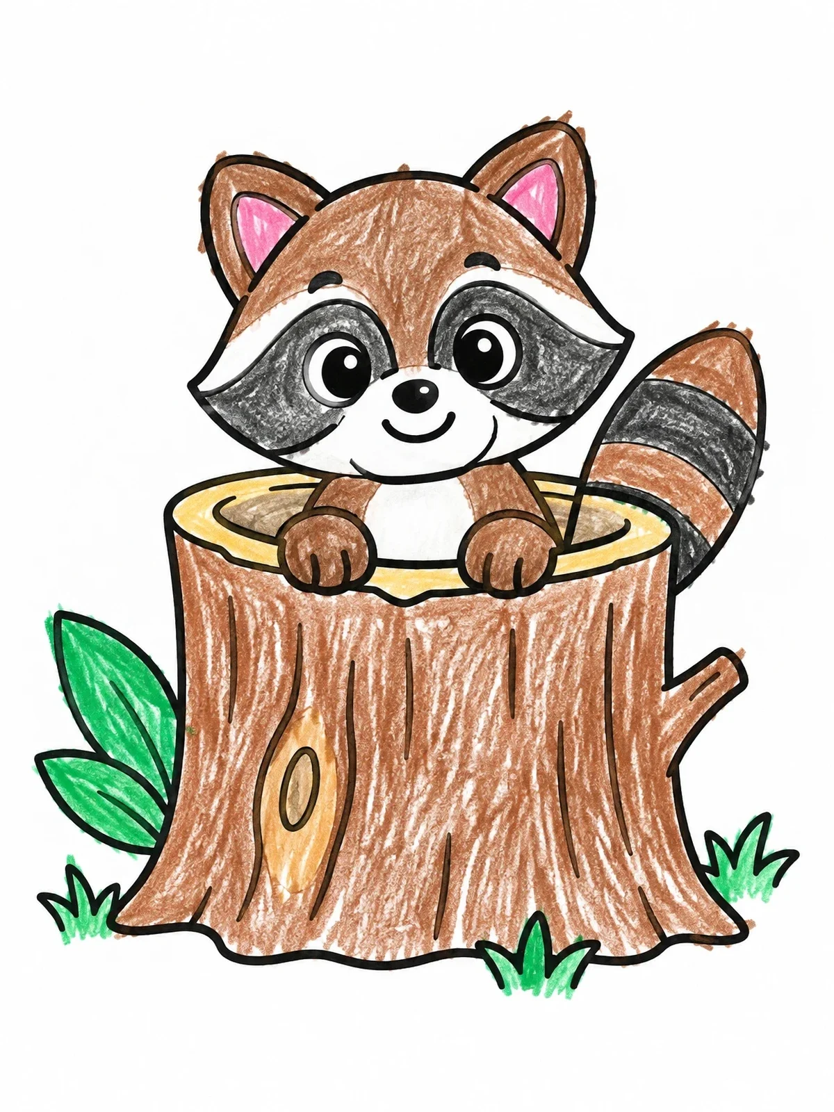 Colored example of the Cute Raccoon In A Tree Stump coloring page