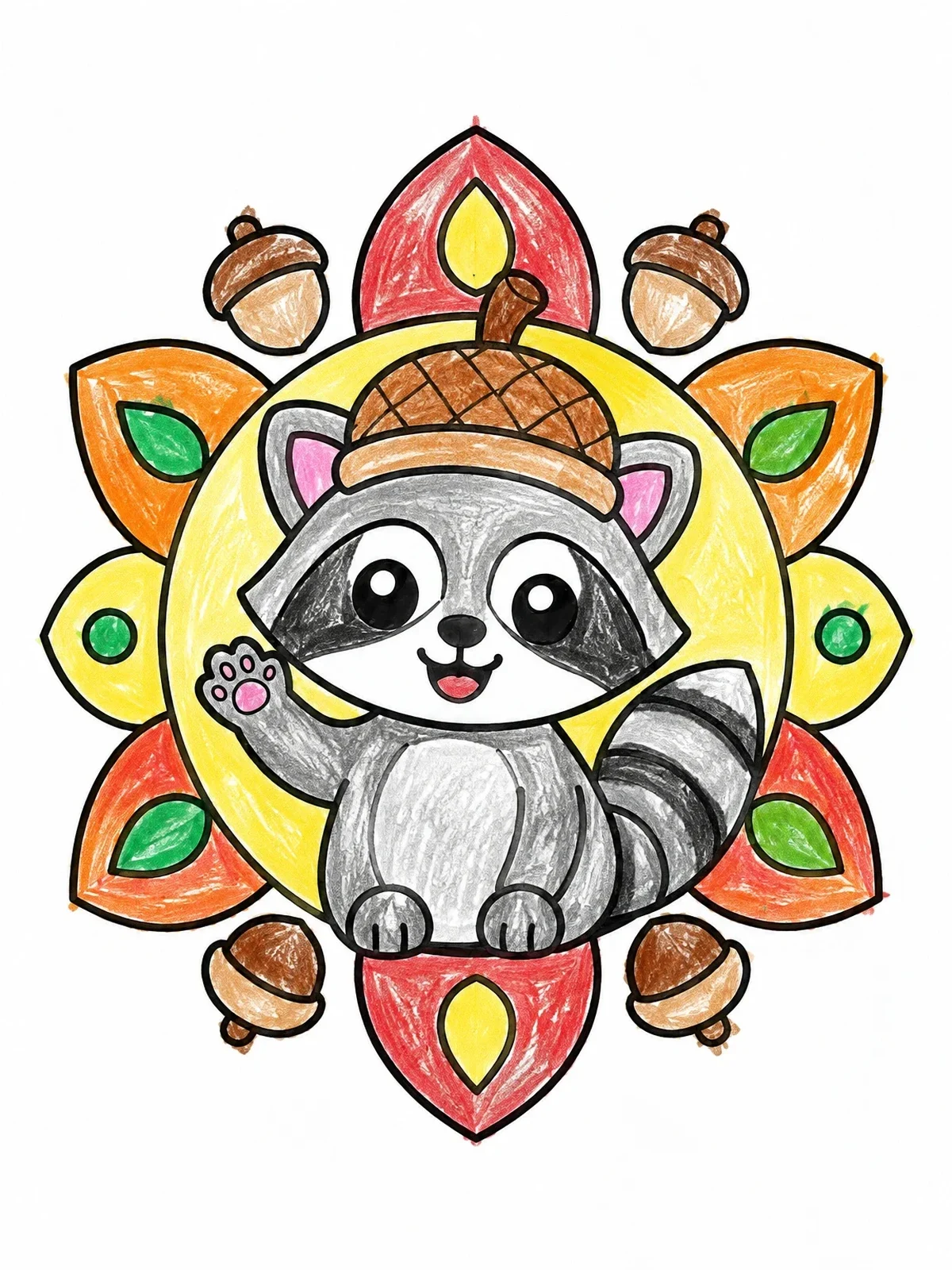 Colored example of the Cute Raccoon In Acorn Cap coloring page