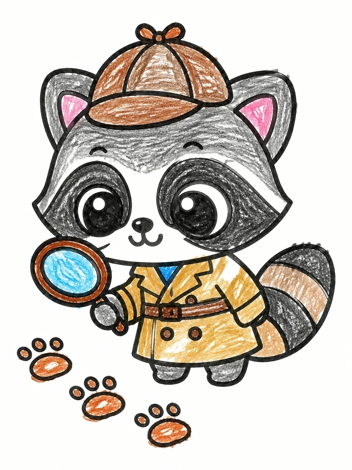 Colored example of the Cute Detective Raccoon Tracking Footprints coloring page