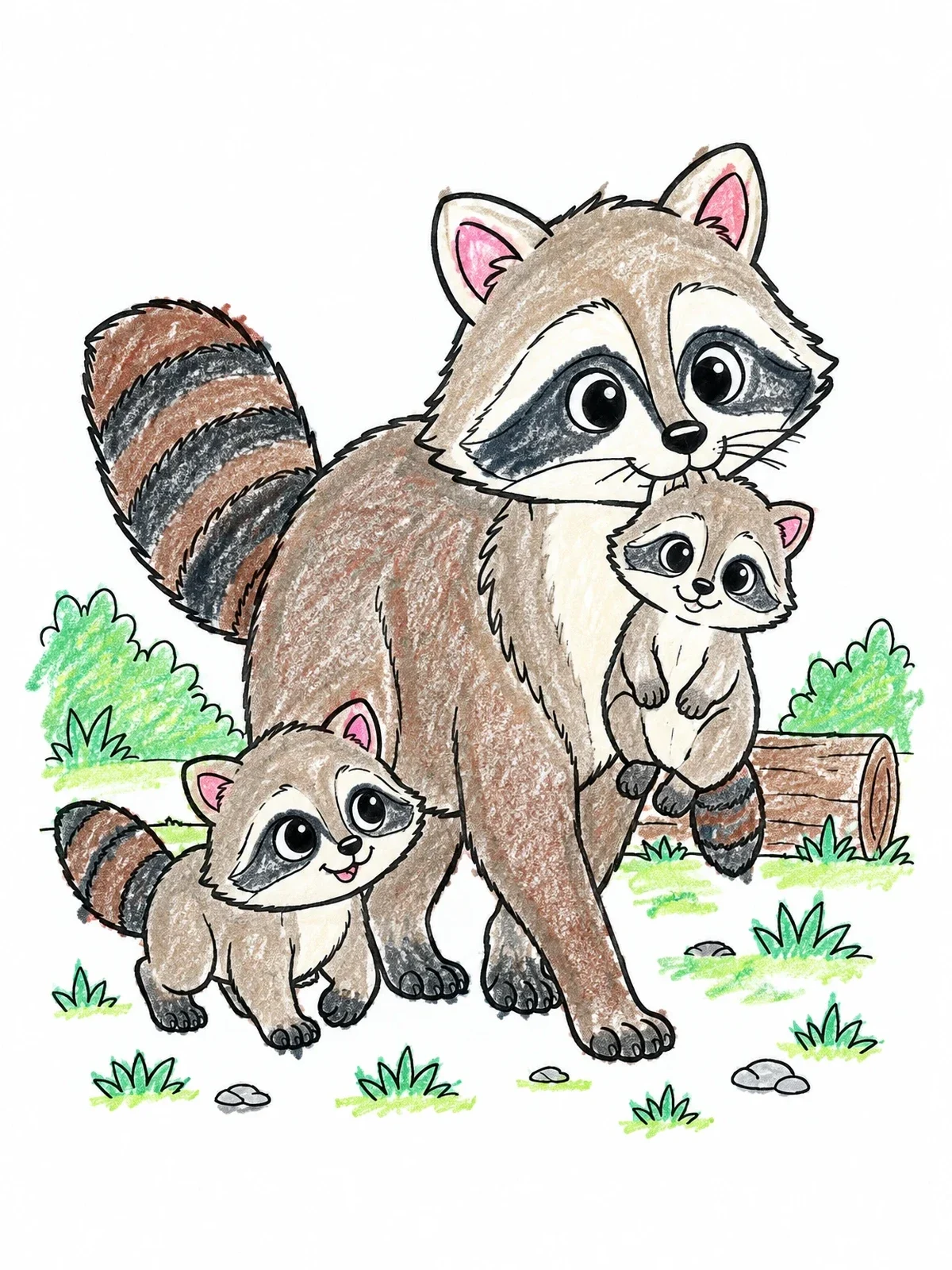 Colored example of the Mother Raccoon With Her Cute Kits coloring page