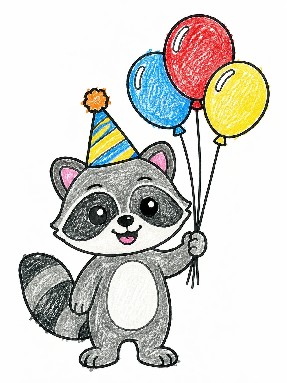 Colored example of the Party Raccoon With Helium Balloons coloring page
