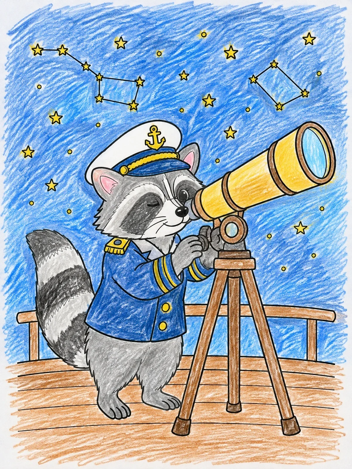 Colored example of the Raccoon Captain Stargazing With Telescope coloring page