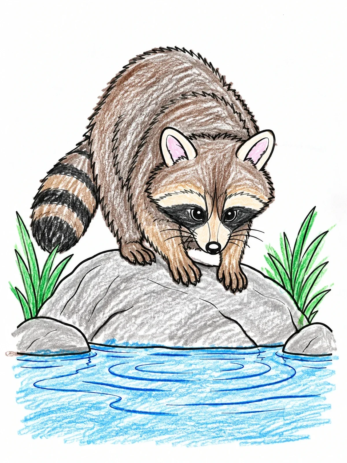 Colored example of the Raccoon Crouching On A Riverbank Stone coloring page