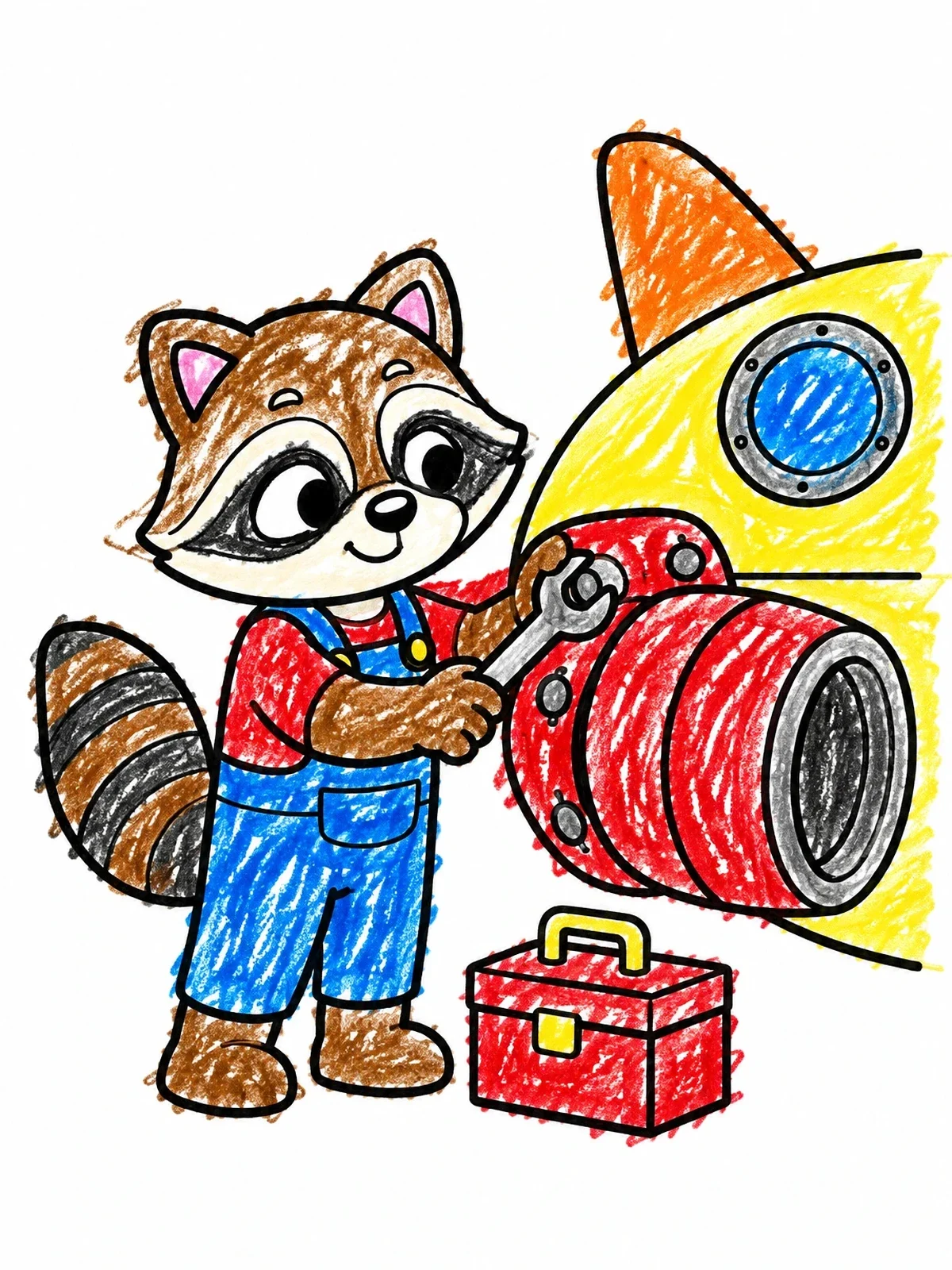 Colored example of the Raccoon Mechanic Repairing A Spaceship coloring page