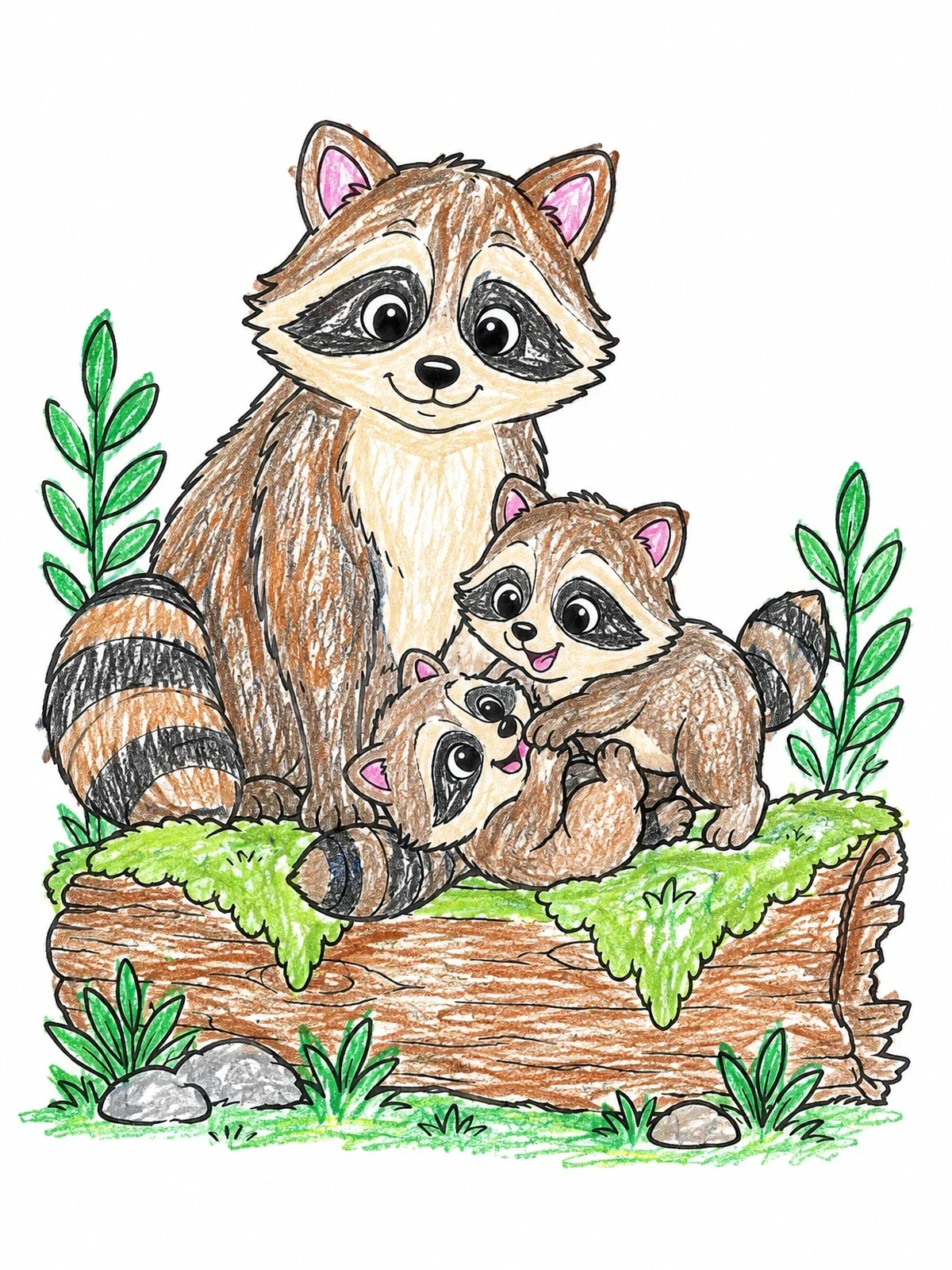 Colored example of the Raccoon Mother With Playful Kits coloring page