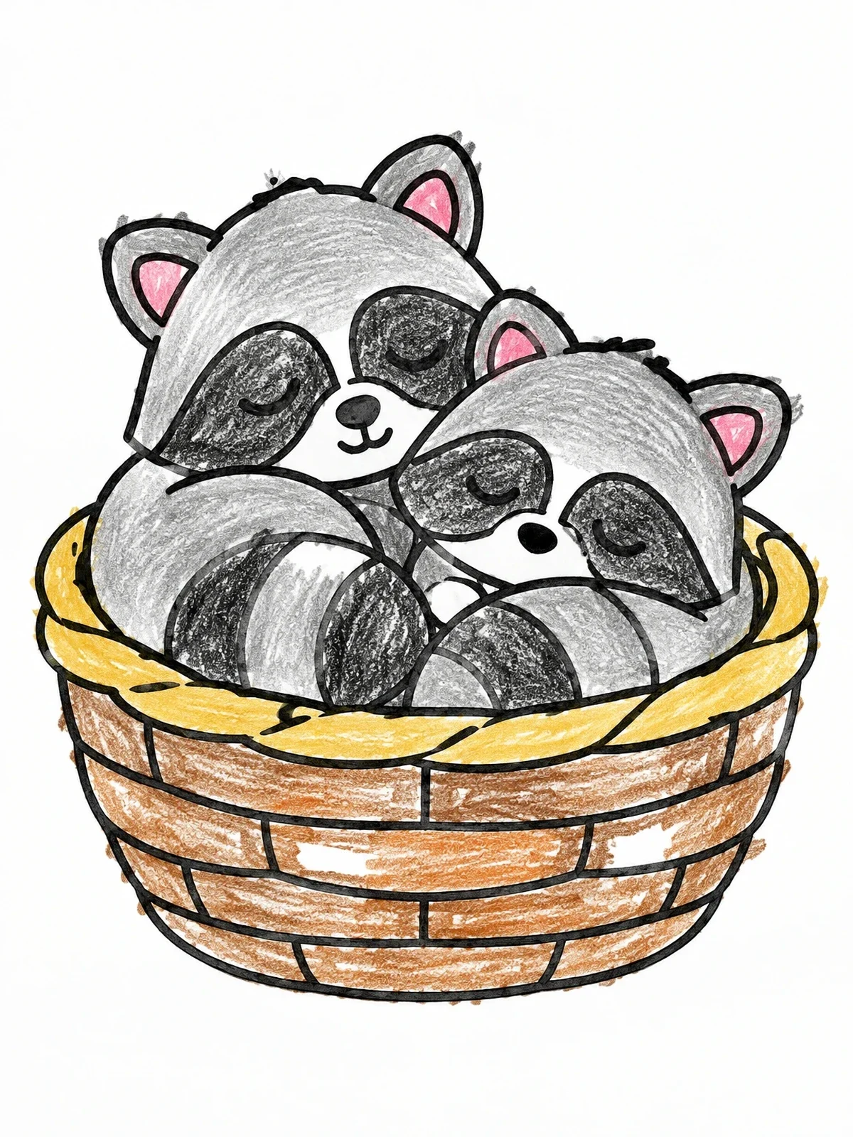 Colored example of the Sleeping Baby Raccoons In A Basket coloring page