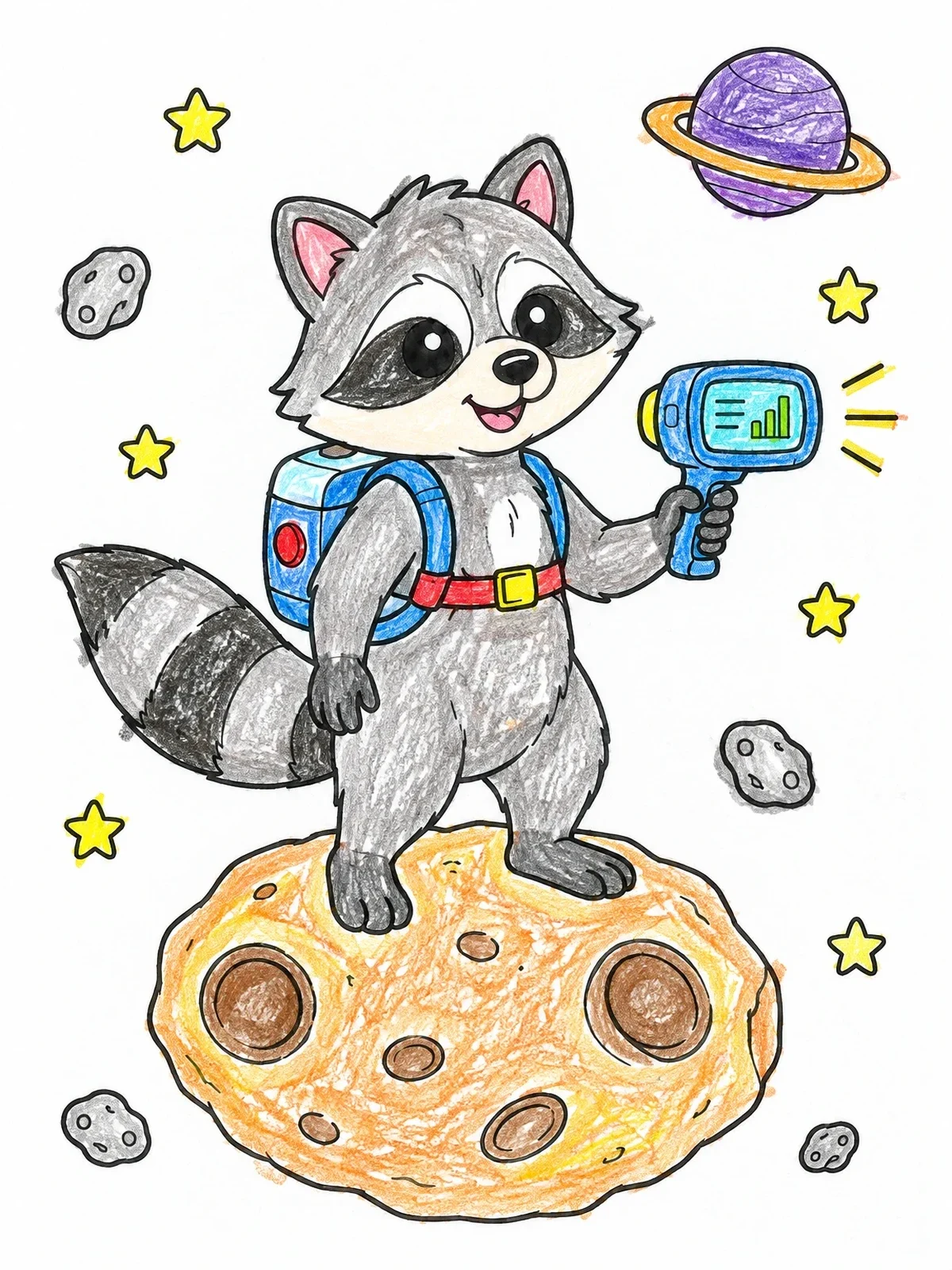 Colored example of the Space Explorer Raccoon On Asteroid coloring page