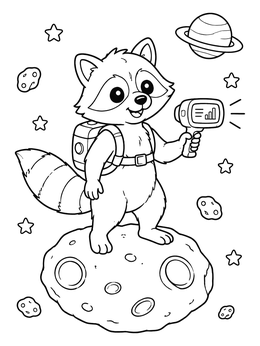 Free printable Space Explorer Raccoon On Asteroid coloring page
