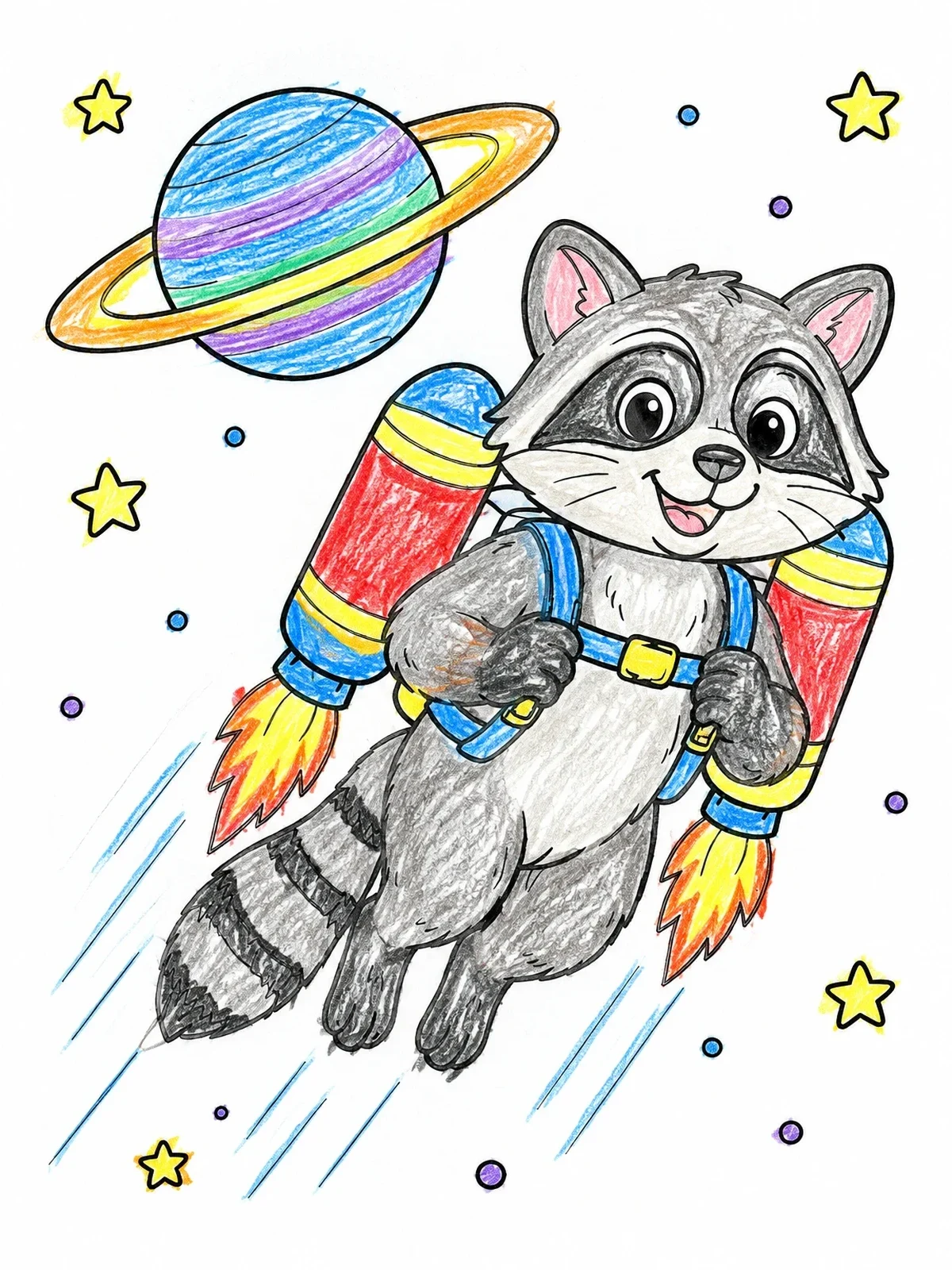 Colored example of the Space Raccoon With Jetpack coloring page