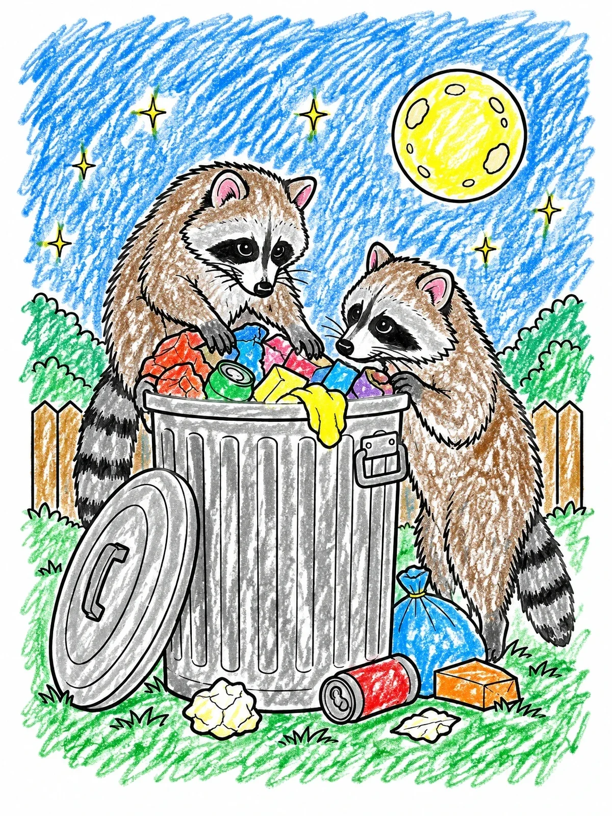 Colored example of the Two Raccoons Raiding A Trash Can coloring page