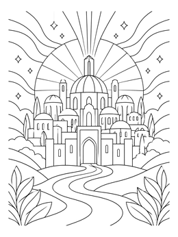 Celestial city glowing with divine light in this revelation coloring page.