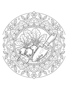 A garden trowel and fresh radishes centered in an ornate radish coloring page mandala.