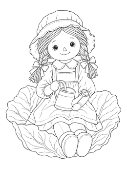 A sweet rag doll sits on a leaf in this cabbage coloring page.