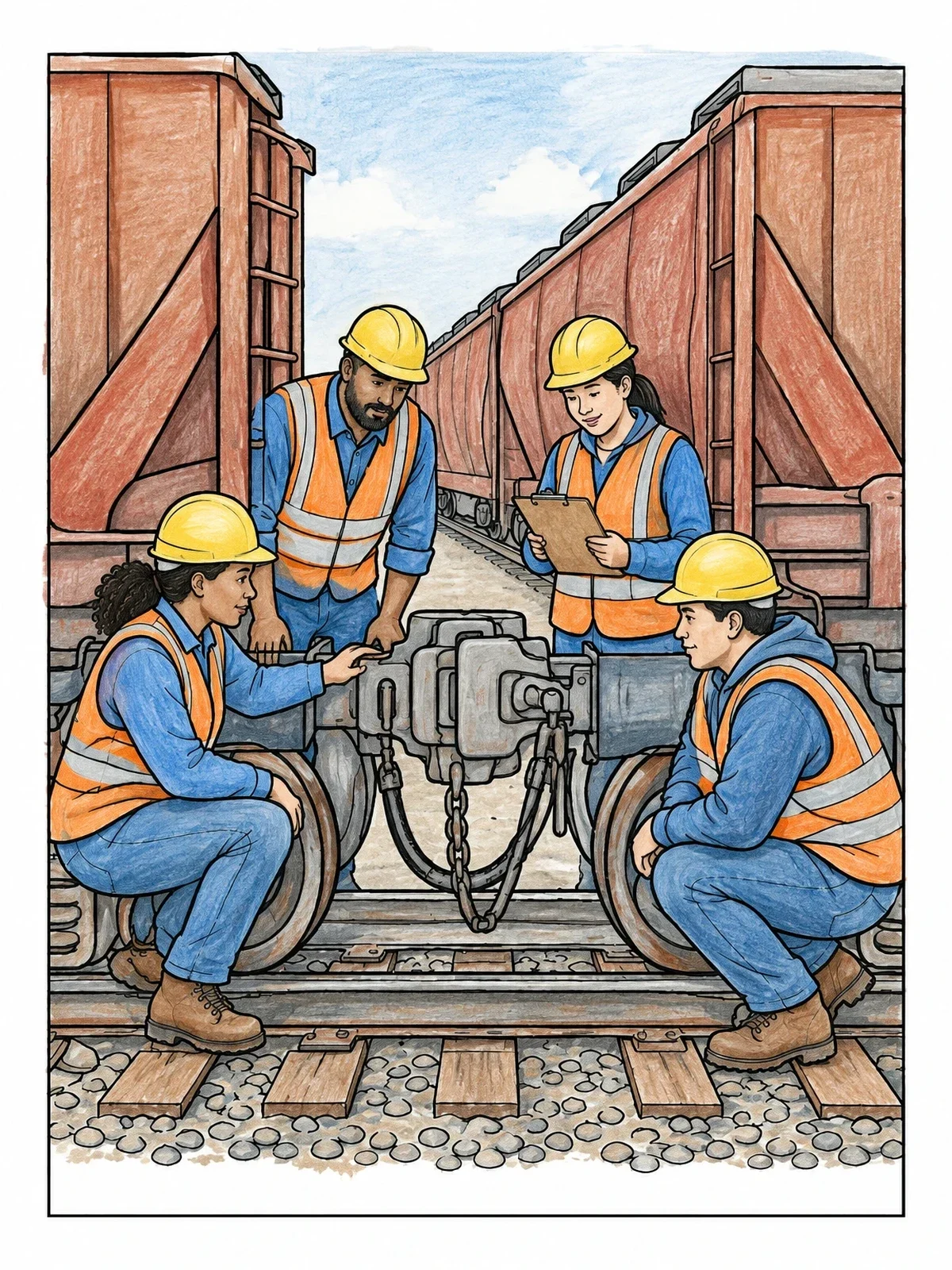 Colored example of the Railway Workers Inspecting Train Coupler coloring page