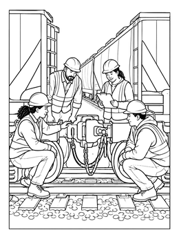 A detailed train coloring page of workers inspecting freight car couplings on tracks.