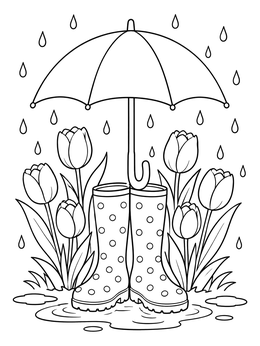 A cheerful spring rain coloring page with polka dot rain boots, an umbrella, blooming tulips, and puddles.