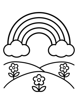 Free printable Rainbow Arch Over Flower Hills coloring page