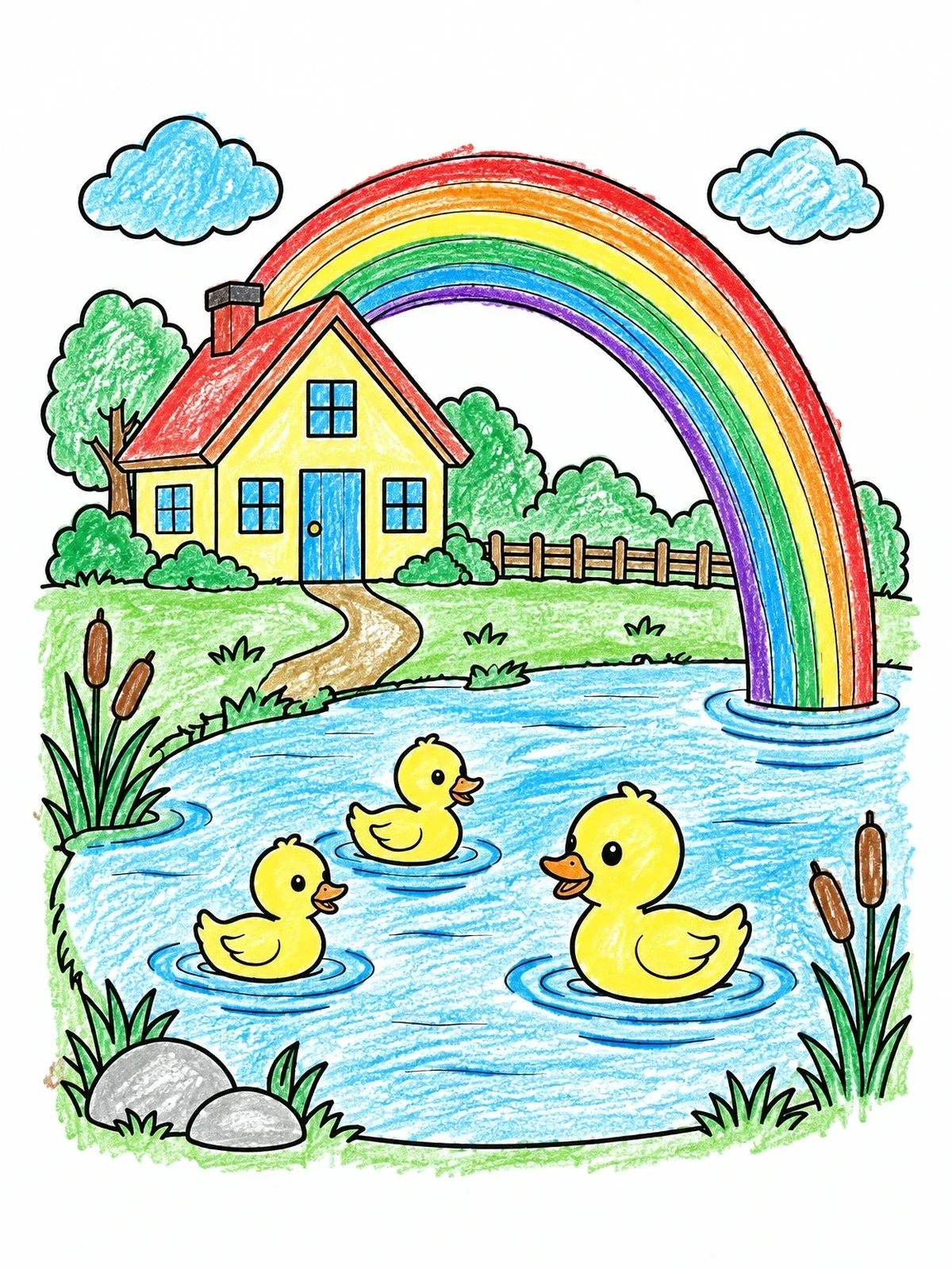 Colored example of the Rainbow House With Pond Ducklings coloring page
