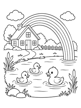 Free printable Rainbow House With Pond Ducklings coloring page