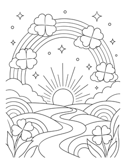 A sunny four leaf clover coloring page featuring a rainbow and rolling hills.