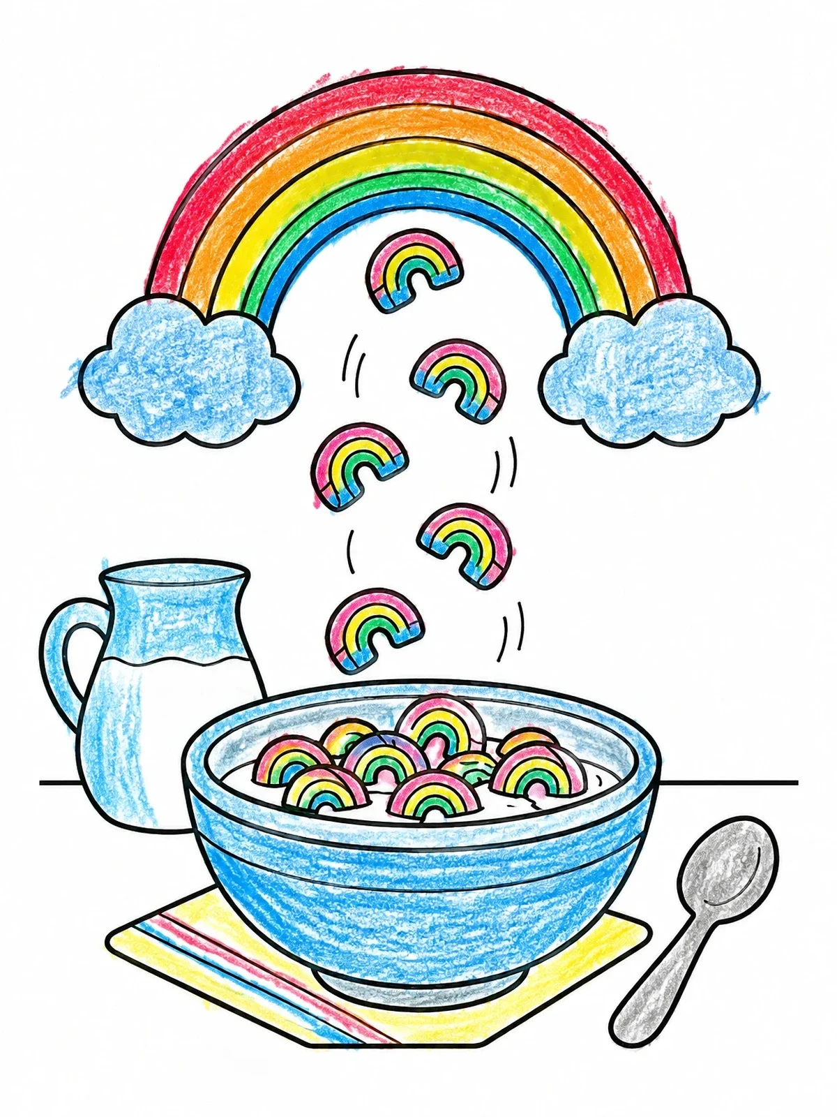 Colored example of the Rainbow Marshmallow Cereal Bowl coloring page