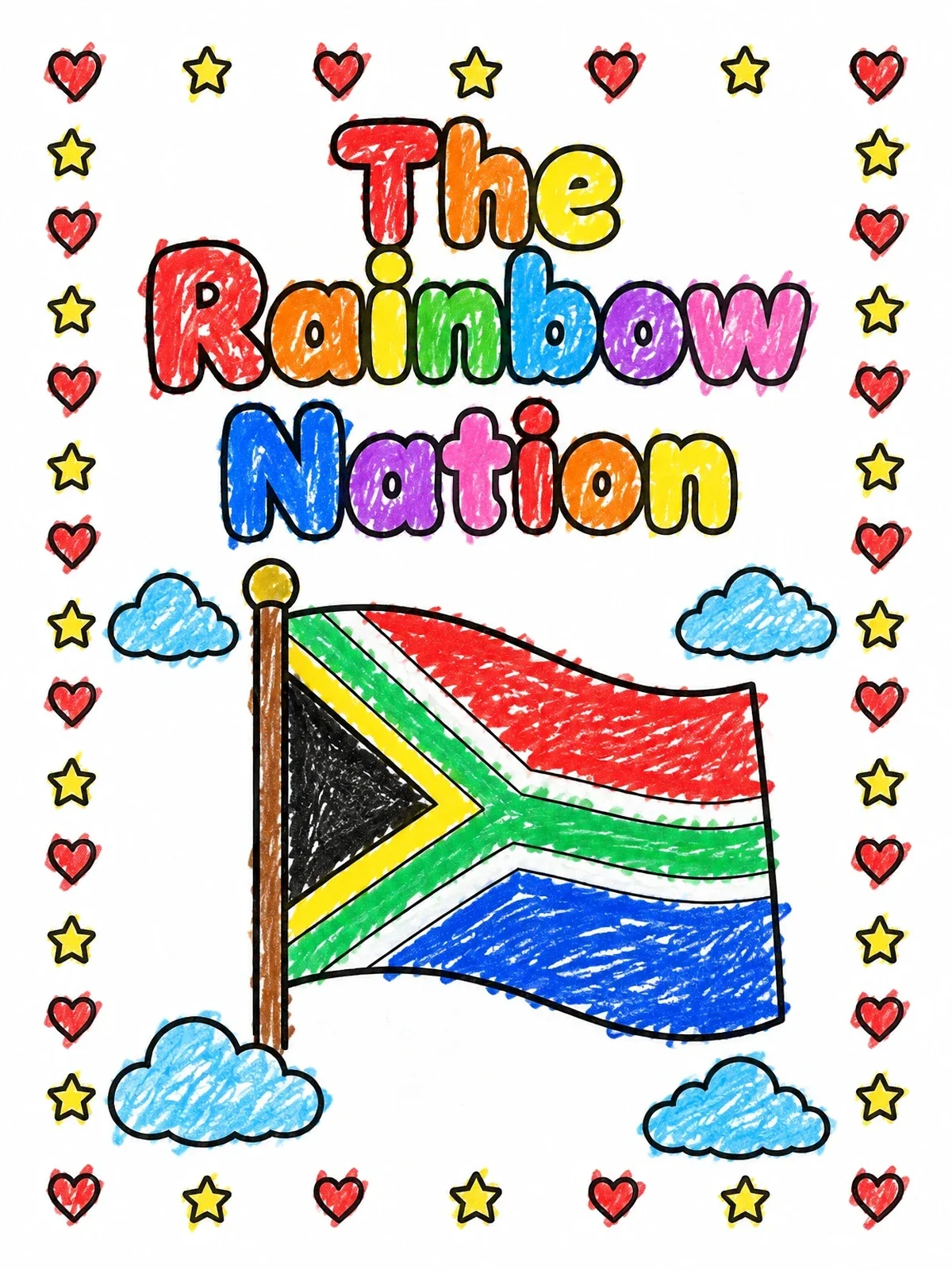 Colored example of the The Rainbow Nation South African Flag coloring page