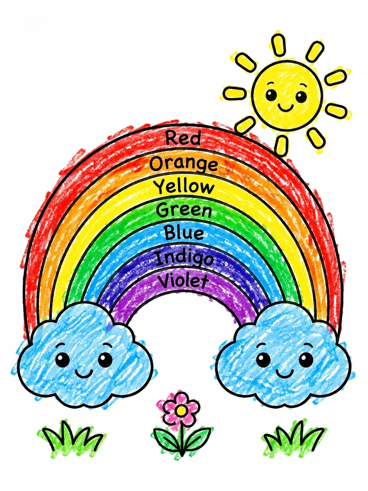 Colored example of the Rainbow With Color Names And Smiling Sun coloring page