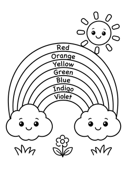 Free printable Rainbow With Color Names And Smiling Sun coloring page