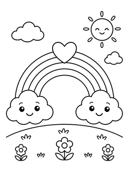 A cheerful rainbow with a heart coloring page featuring smiling clouds and a happy sun.