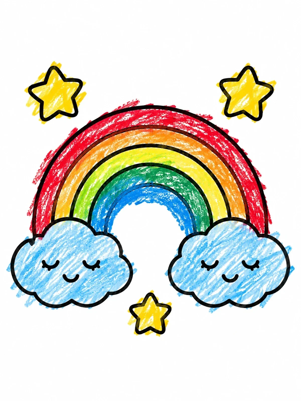Colored example of the Rainbow With Sleeping Clouds And Stars coloring page