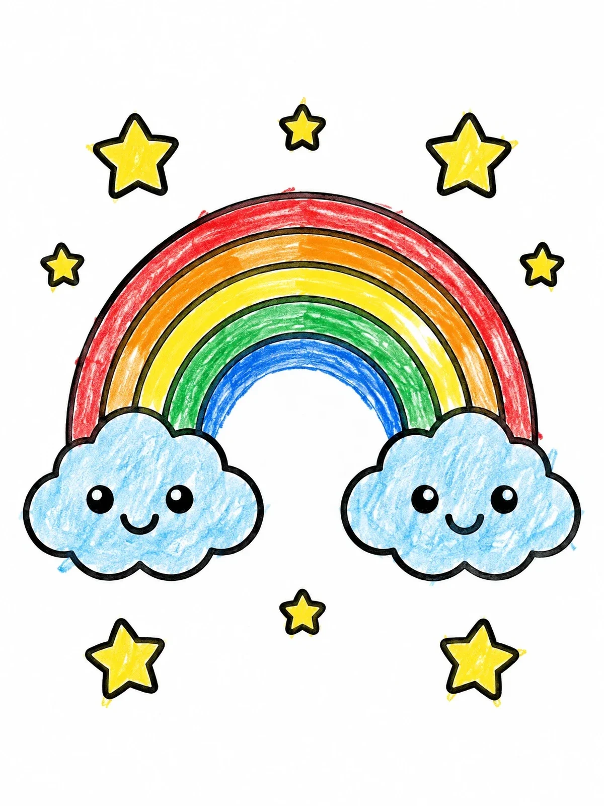 Colored example of the Rainbow With Smiling Clouds And Stars coloring page