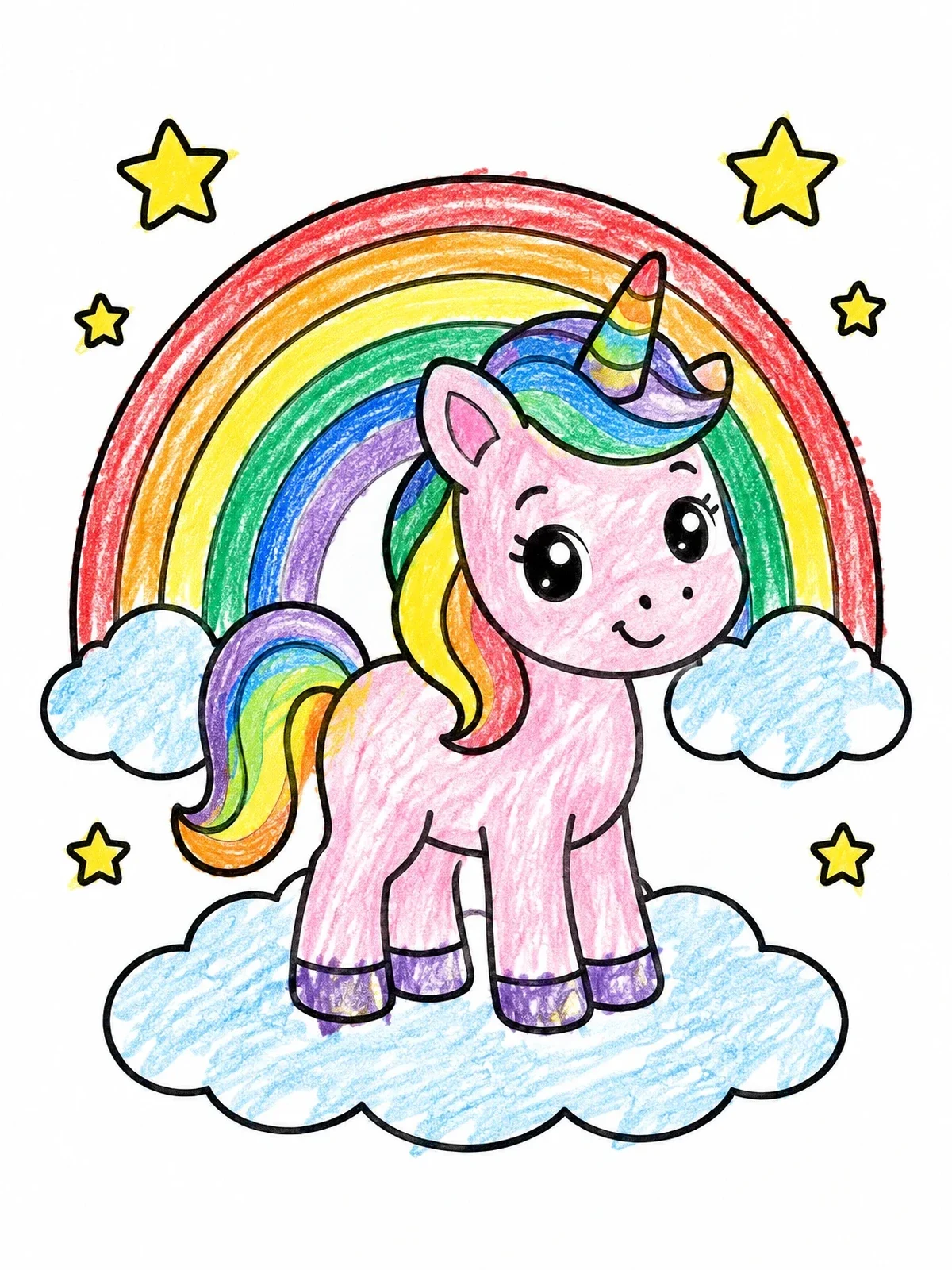 Colored example of the Cute Baby Unicorn On A Cloud coloring page